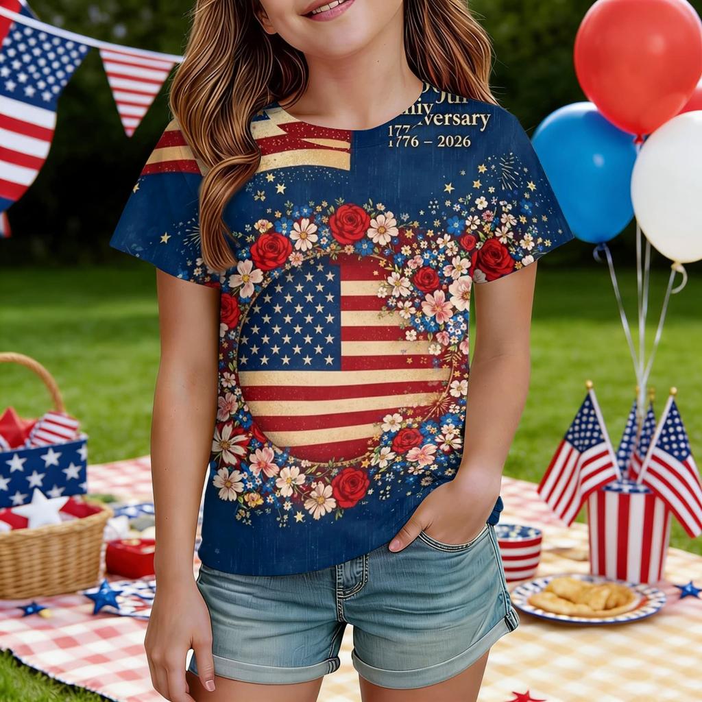 Kids Independence Day Print Round Neck Short Sleeve Casual T-shirt