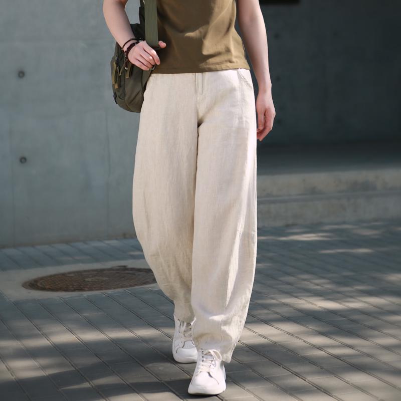 2026 Spring/Summer Women s Comfortable Ramie Wide-Leg Carrot Pants - Retro Lantern Style, Loose & Casual Medium