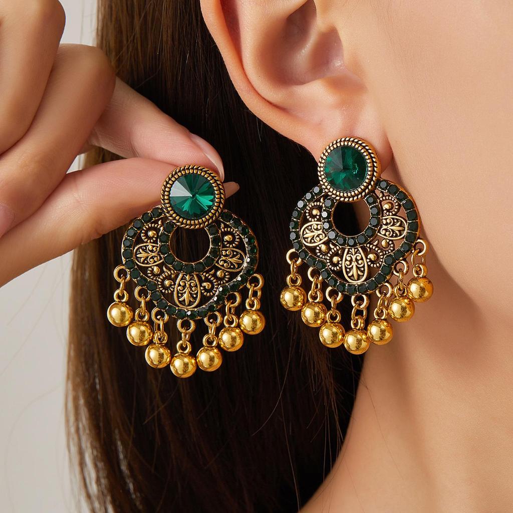 Bohemian Ethnic Rhinestone Tassel Petal Dangle Earrings for Women