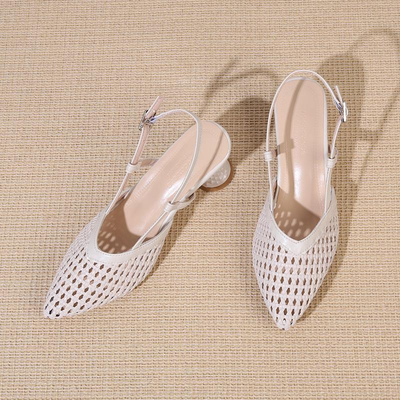 New French Niche Temperament Mid-heel Cut-out Woven One-line Buckle Strap High Heels Pointed Toe Shallow Mouth Sandals