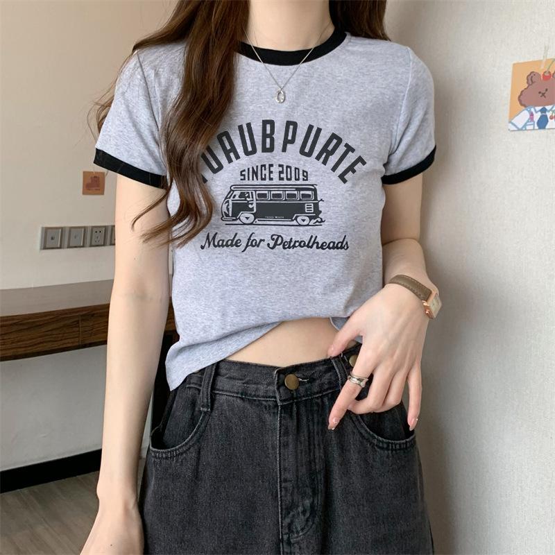 Sommer slank ung jente korte T-skjorter harajuku Enkelt bokstavtrykk Crop Tops Kvinner Uformelt kortermet T-skjorte Sports topp koreanske klær