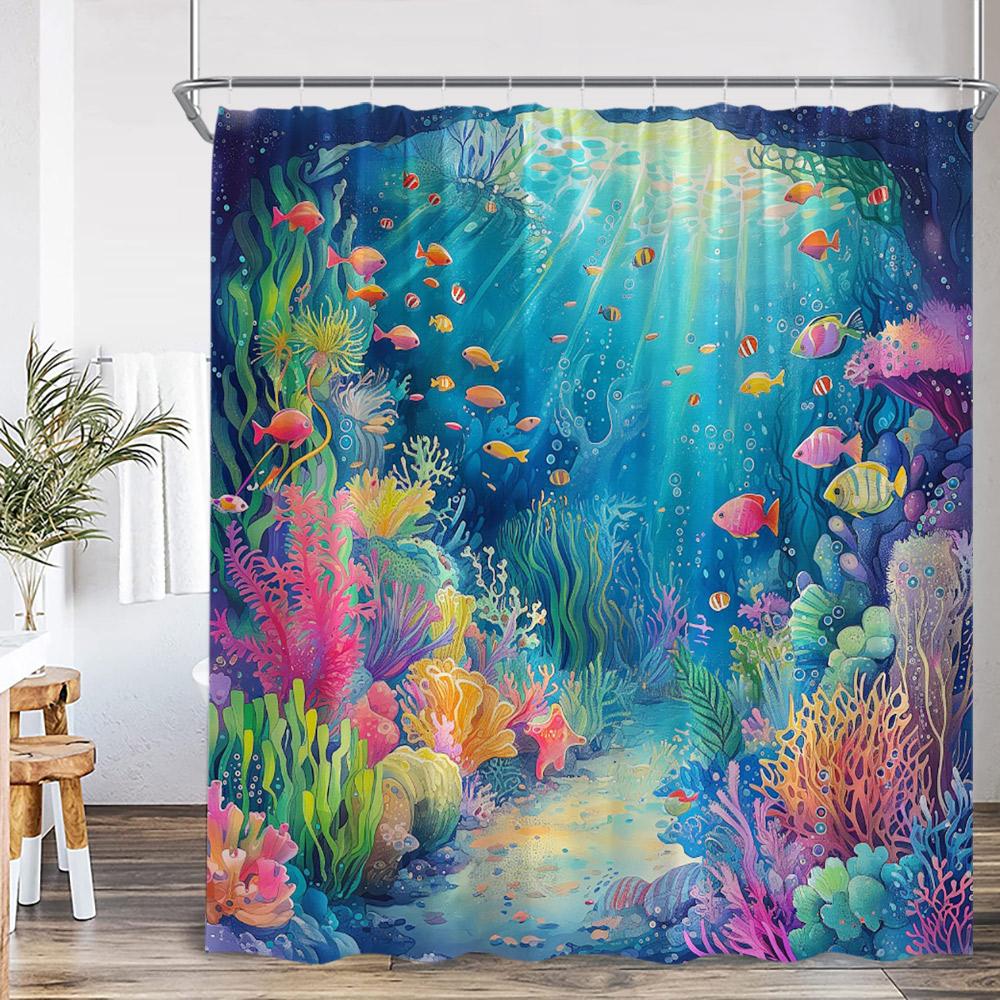 Undersea Cartoon Shower Curtain Sea Turtle Coral Seaweed Tropical Fish Ocean Bathroom Decor Polyester Fabric Bathtub Curtain