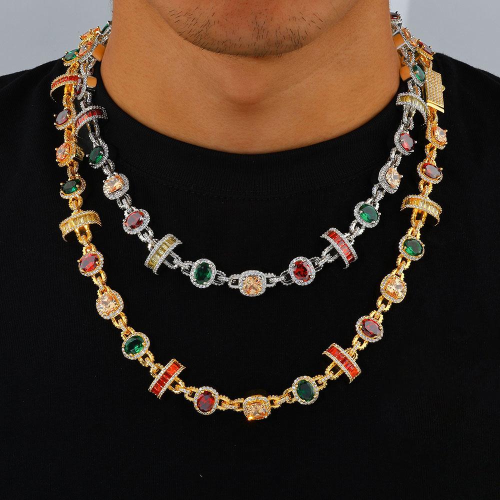 HHIOK Hip Hop Necklace for Men Colored Zircon Geometric Chain White Gold Plated Jewelry Trendy Gift for Men Women