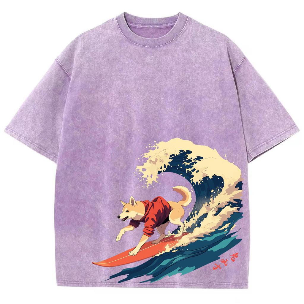 Japanese Style Cartoon Puppy Wave Print Women's T-Shirt Loose Oversized Wash Denim Short Sleeve Fashion Design Top