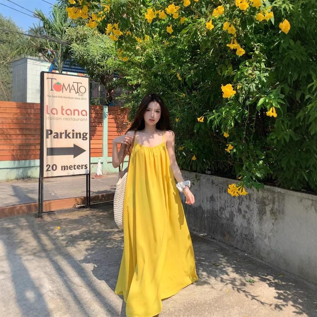 Women s Summer Backless Spaghetti Strap A-line Dress in Gentle Yellow L