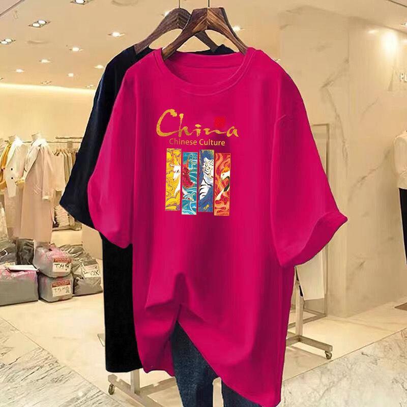 Summer New Chic Hand-Painted Print Basic T-shirts Women Clothing Casual Loose Pure Cotton Short Sleeve Top Tee Lady Pullovers
