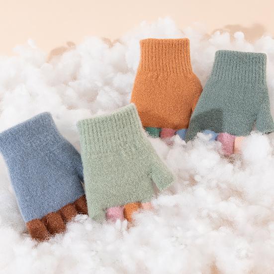 Kids Knitted Gloves Winter Half Finger Gloves Soft Color Block Warm Wrist Gloves for Boys Girls Indoor Outdoor Use