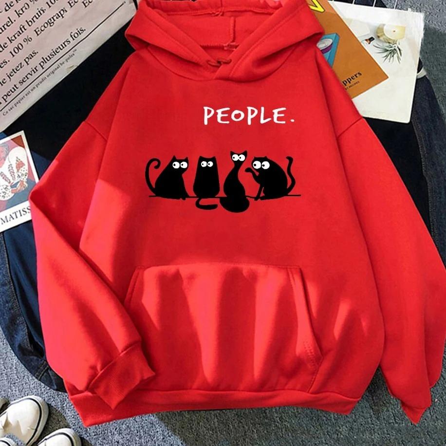 2025 Fall & Winter Womens Hoodie People Alphabet Cat & Dog Fun Print Fall & Winter New Top Harajuku Black Cat Pattern Clothing
