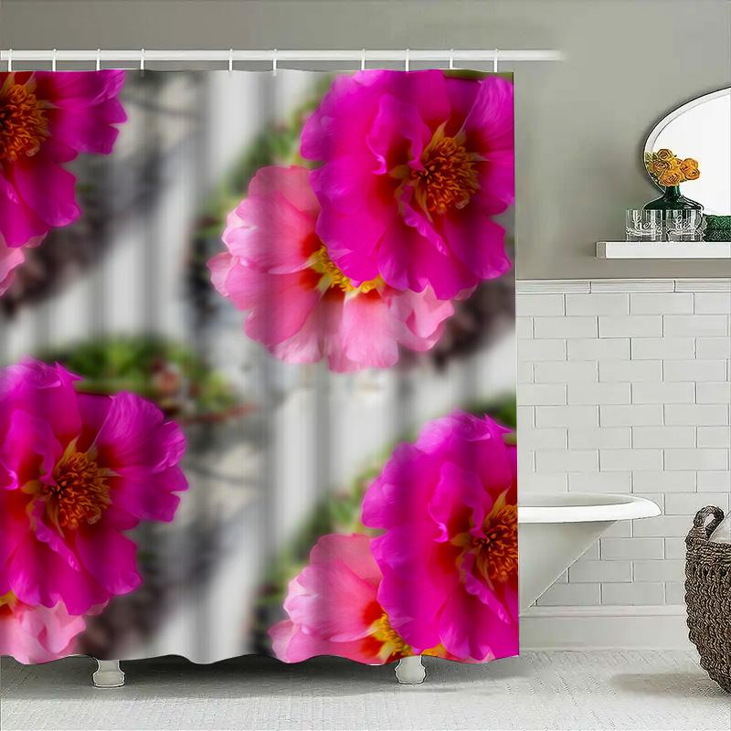 Pink Floral Shower Curtain Set With Blue Leaves For Bathroom Decor Home Decoration Curtains Flower Print Shower Curtain Liner