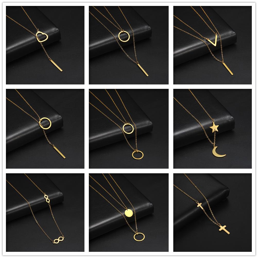LIKGREAT Multi Layers Bar Coin Pendant Necklace Moon Star Cross Neckchain for Women Stainless Steel Chain Choker Jewelry NotFade