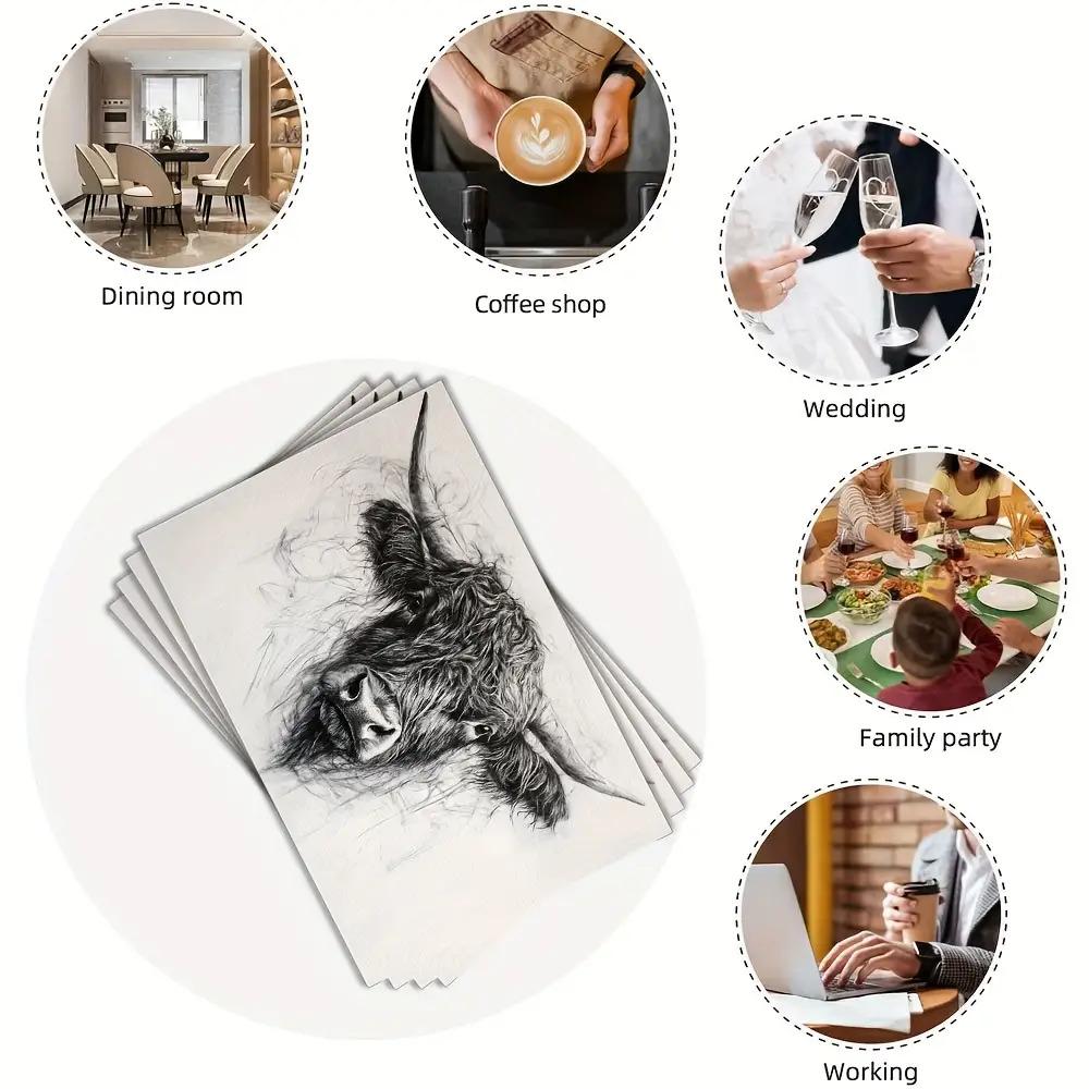 A Set of 4 Placemats Depicting Fluffy Highland Cattle, Perfect for Farmhouse-style Decor. These Washable Placemats Are Suitable for Outdoor Use and