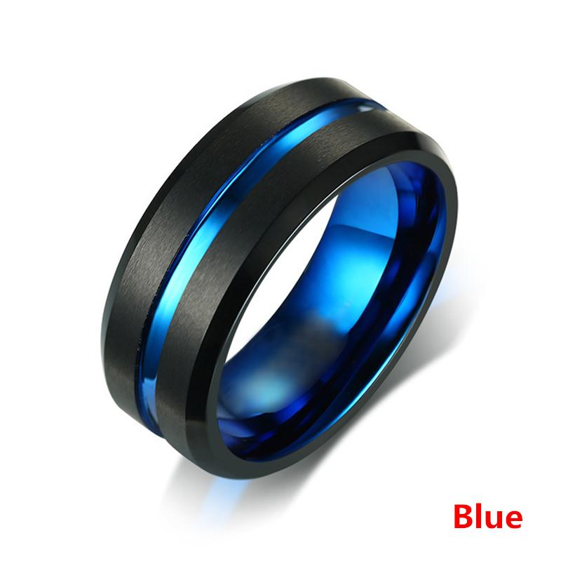 8MM Men's Stainless Steel Rings Blue Red Colorful Groove Beveled Edge Wedding Engagement Ring Men's Anniversary Jewelry