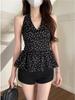 Women's Polka Dot V-Neck Halter Tank: Summer Casual Cinched Waist Top for Layering.