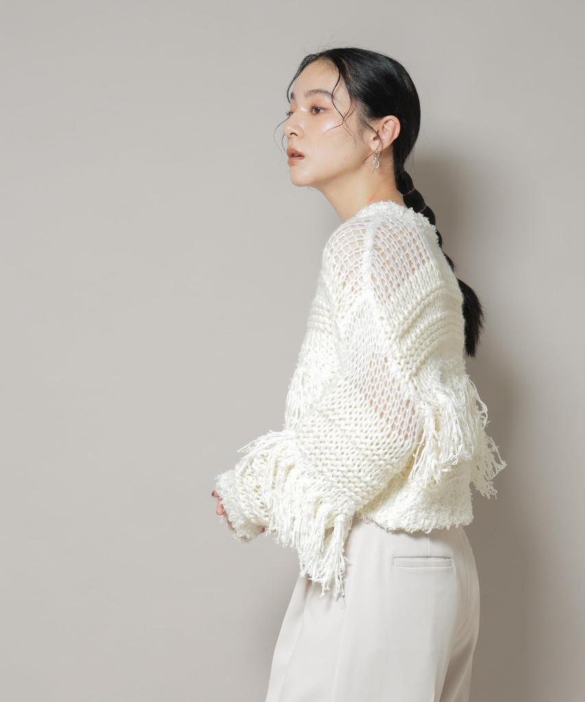Nano Universe F 031 Mixed Material Border Fringe Knit Women's Pullover, Off-White, 669-5222326