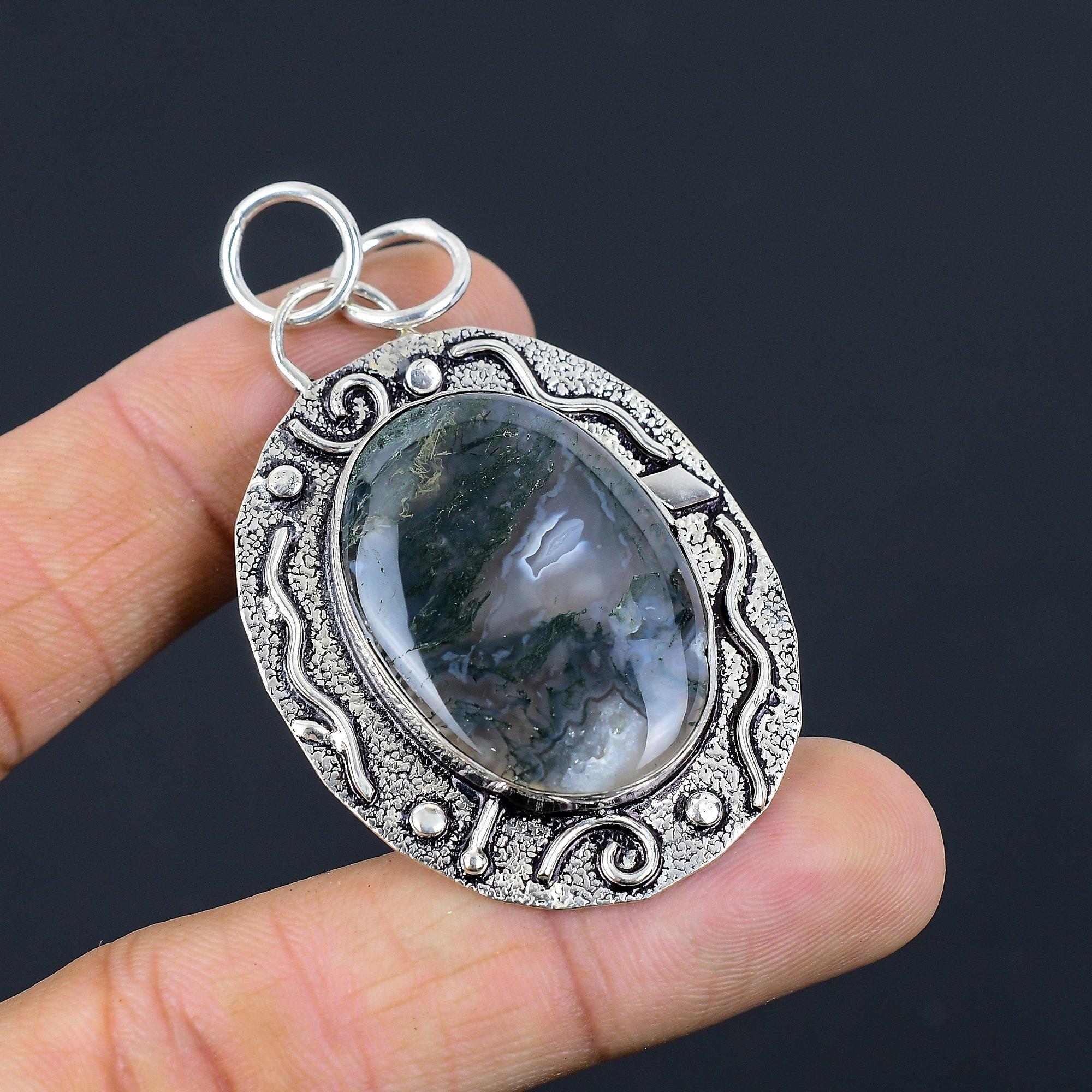 Daughters Day Sale Sterling Silver Natural Solar Moss Agate Sister Boho Pendant