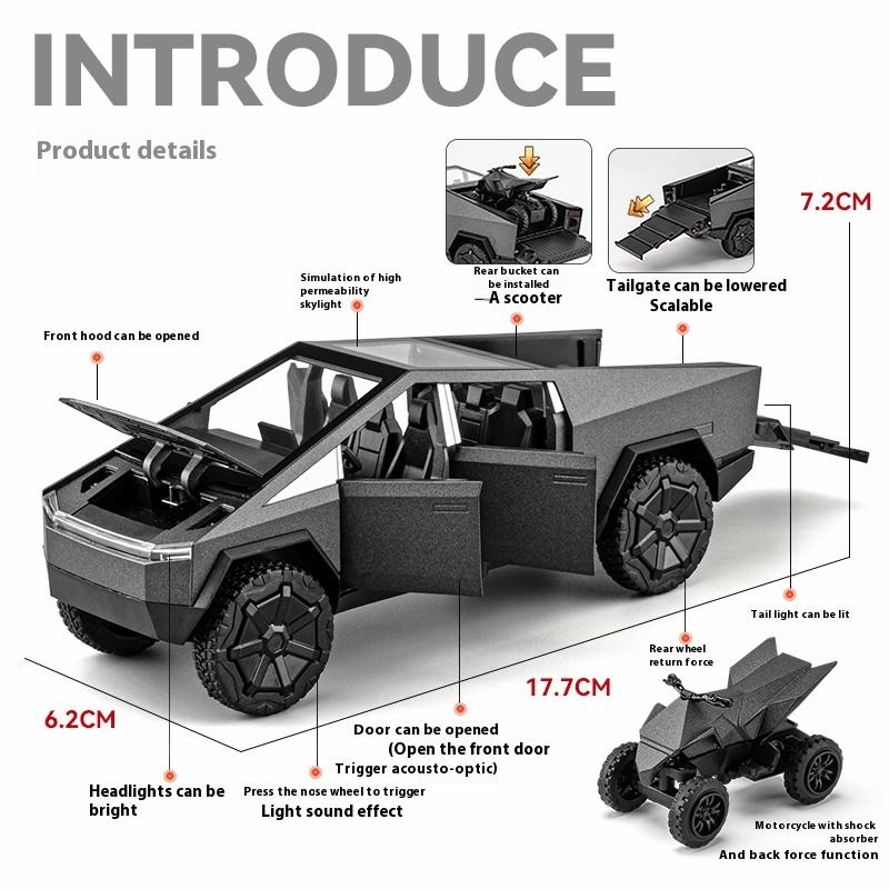 1/32 Scale Tesla Cybertruck Pickup Trailer RV Metal Alloy Toys Car Model Diecast Off-road Vehicle Gift for Boys Kids Collection Truck Ornaments