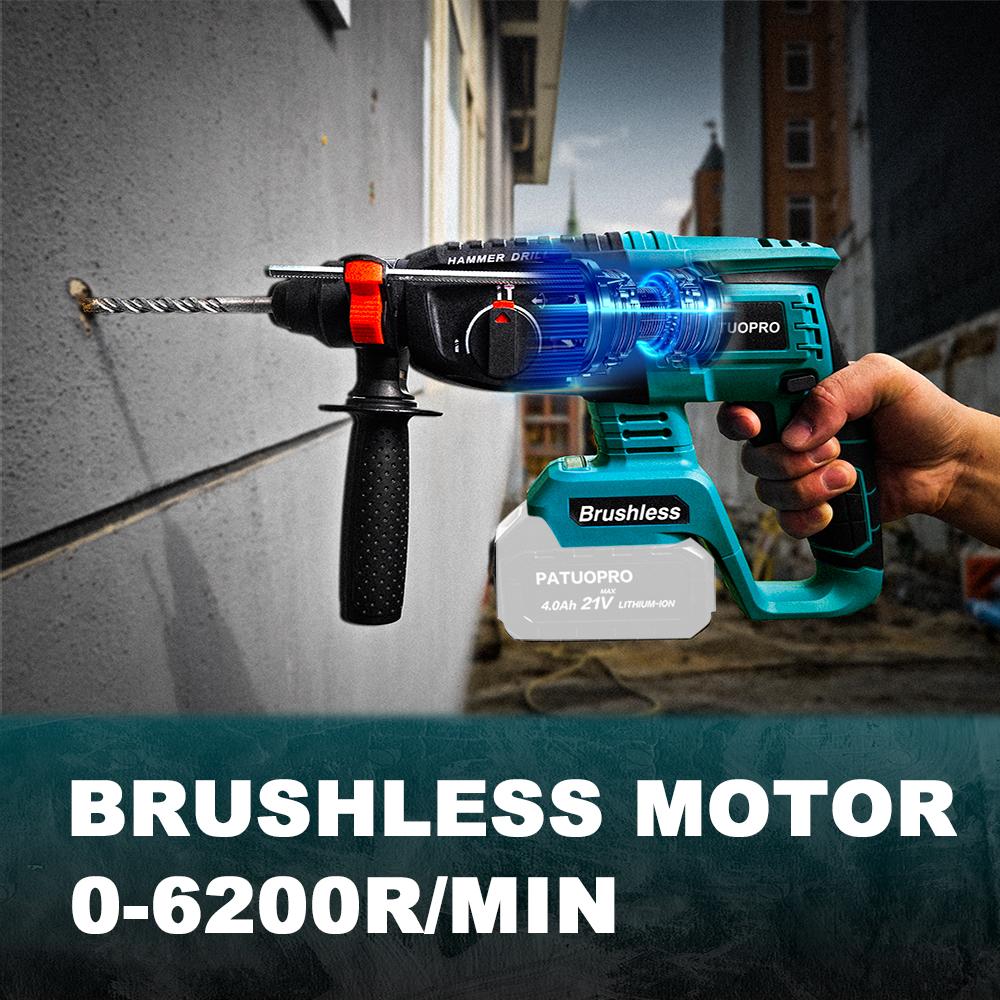 PATUOPRO 26MM Brushless Cordless Rotary Hammer Drill Electric Hammer Impact Drill Rechargeable Power Tool Fit Makita 18V Battery