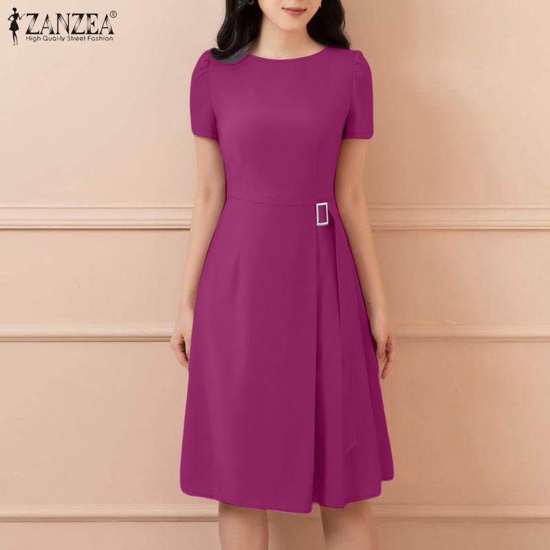 ZANZEA Women Casual Round Neck Summer Short Sleeve Dress