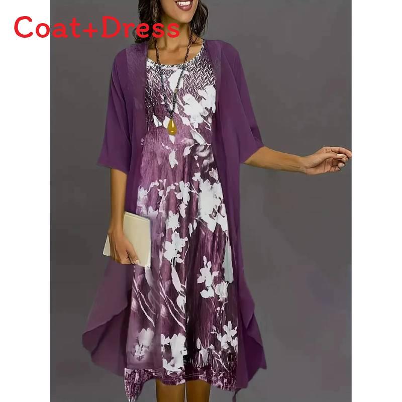 Elegant Polyester Chiffon Twopiece Dress With 3d Print For Spring Fashion