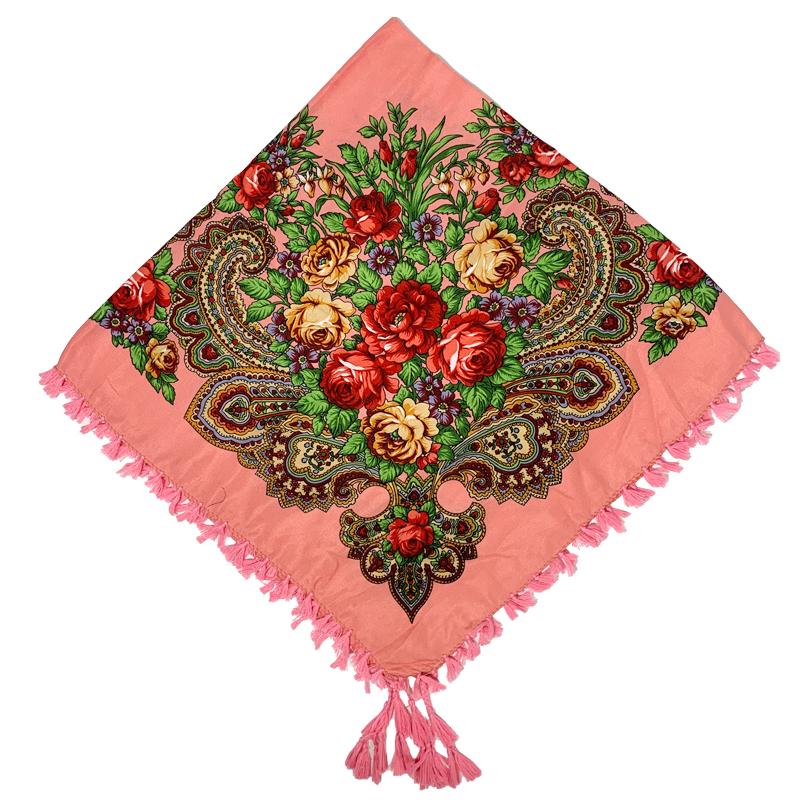90*90cm Short Tassel Floral Print Russian Square Scarf Women Luxury Flower Printed Bandana Shawl Ukrainian Babushka Head Wraps