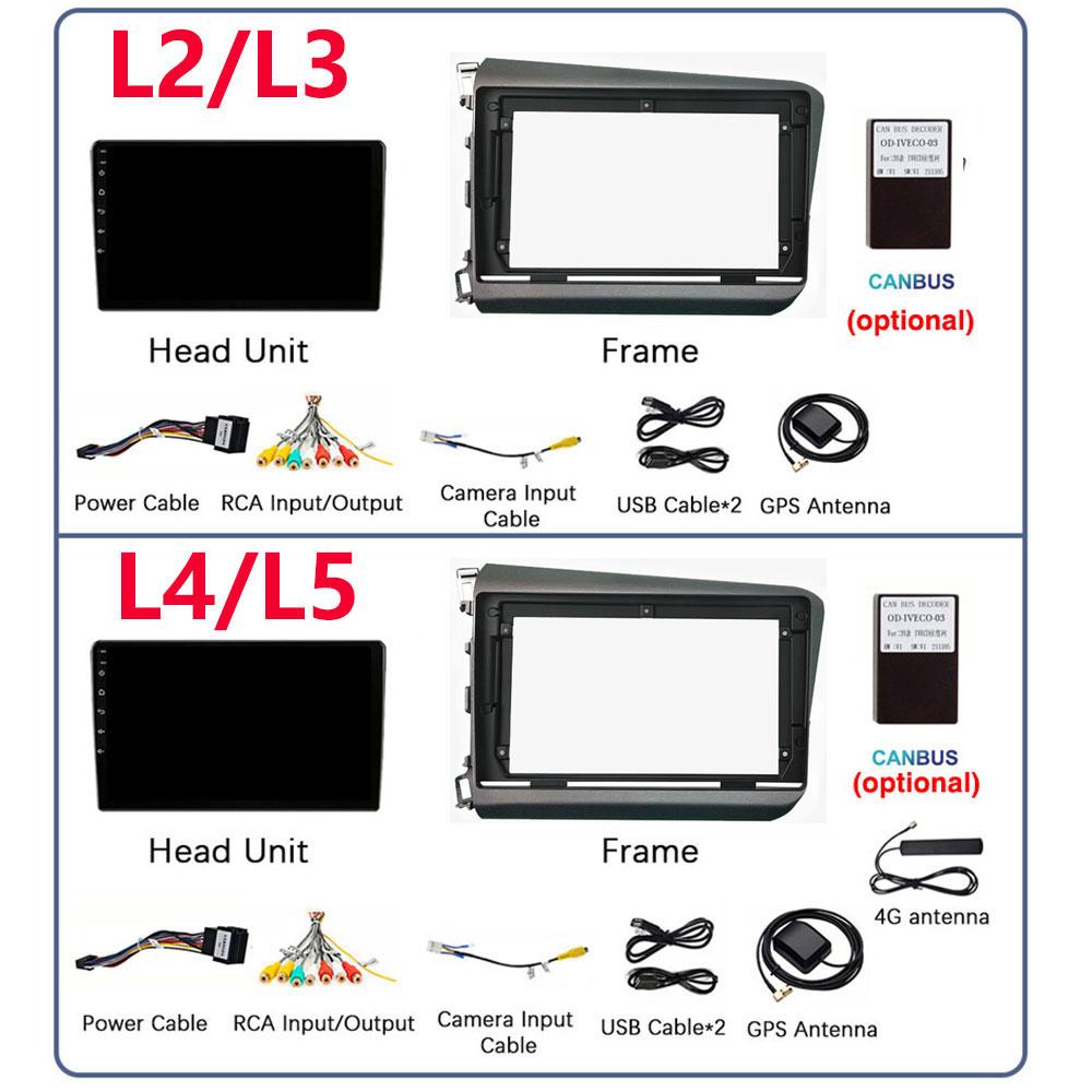 9" 2 Din Android 12 Car Radio for Honda Civic 2012 2013 2014 2015 Multimedia Player 2din Carplay Stereo GPS DVD Head Unit