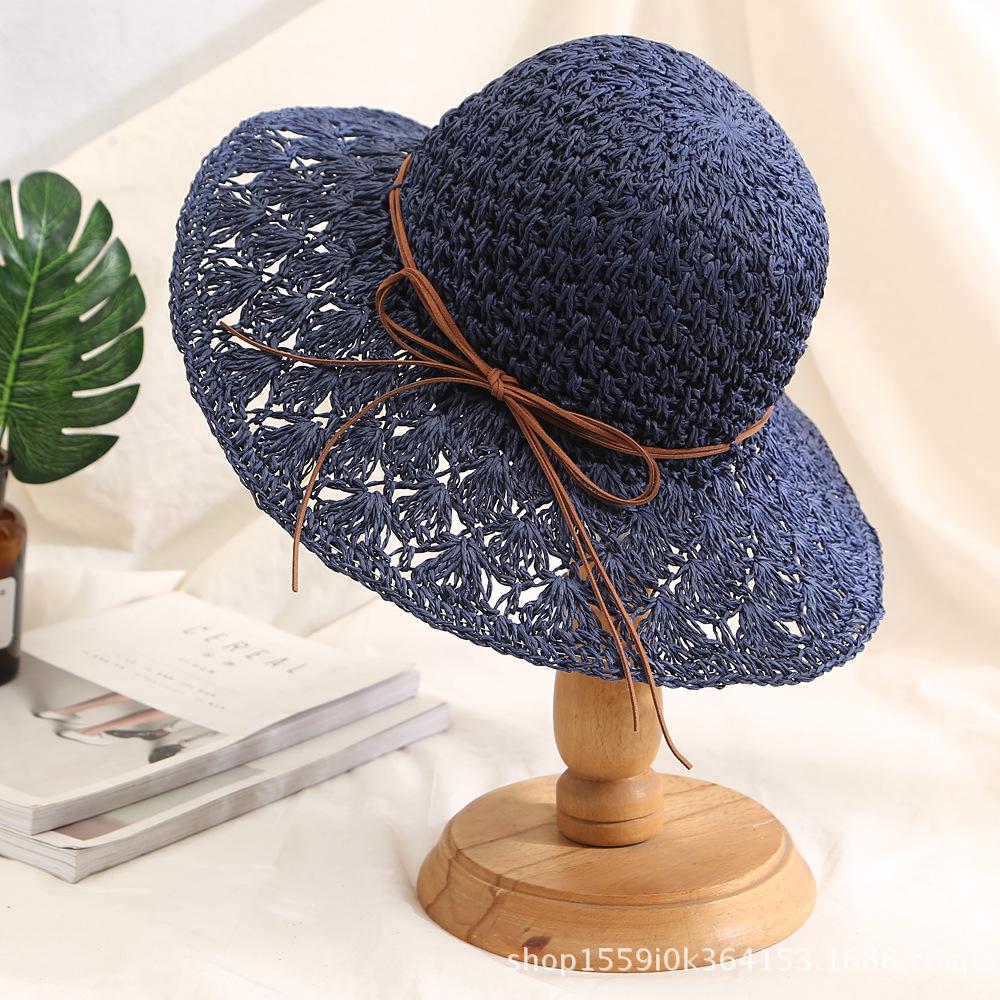 Summer Solid Handmade Crochet Paper Straw Bucket Hat For Women Wide Brim Belt Butterfly Beach Sunshade Breathable Fisherman Cap