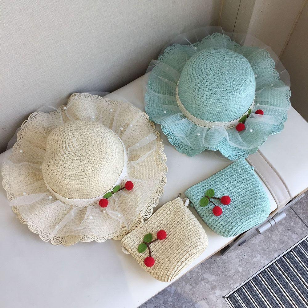 Wide Brim Kids Sun Hat Pearl Decoration Beach Hat Cute Style Straw Hat Girls Accessories