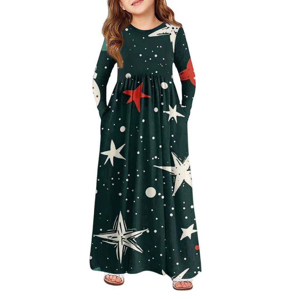 Girls' Maxi Dress - Long Sleeve Pocket Dress Christmas Day