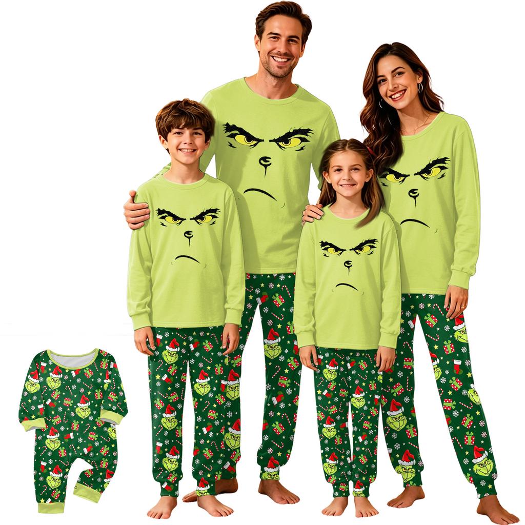 Christmas Print Matching Family Pajama Set Long Sleeve Neck Top and Pants for Parents and Kids