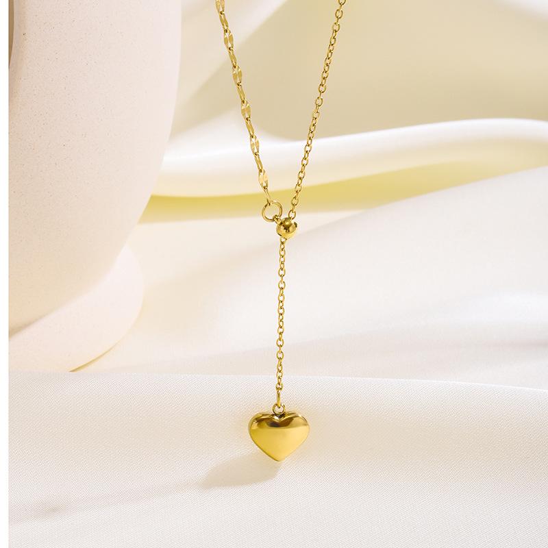 Women's 18K Gold Plated Stainless Steel Sporty Bamboo Chain Heart Zircon Pendant Necklace for Anniversaries