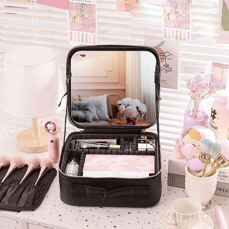 PU Leather Waterproof Multifunctional Cosmetic Storage Case With Mirror Lipstick Jewelry Make-Up Brush Organize Deposit Box