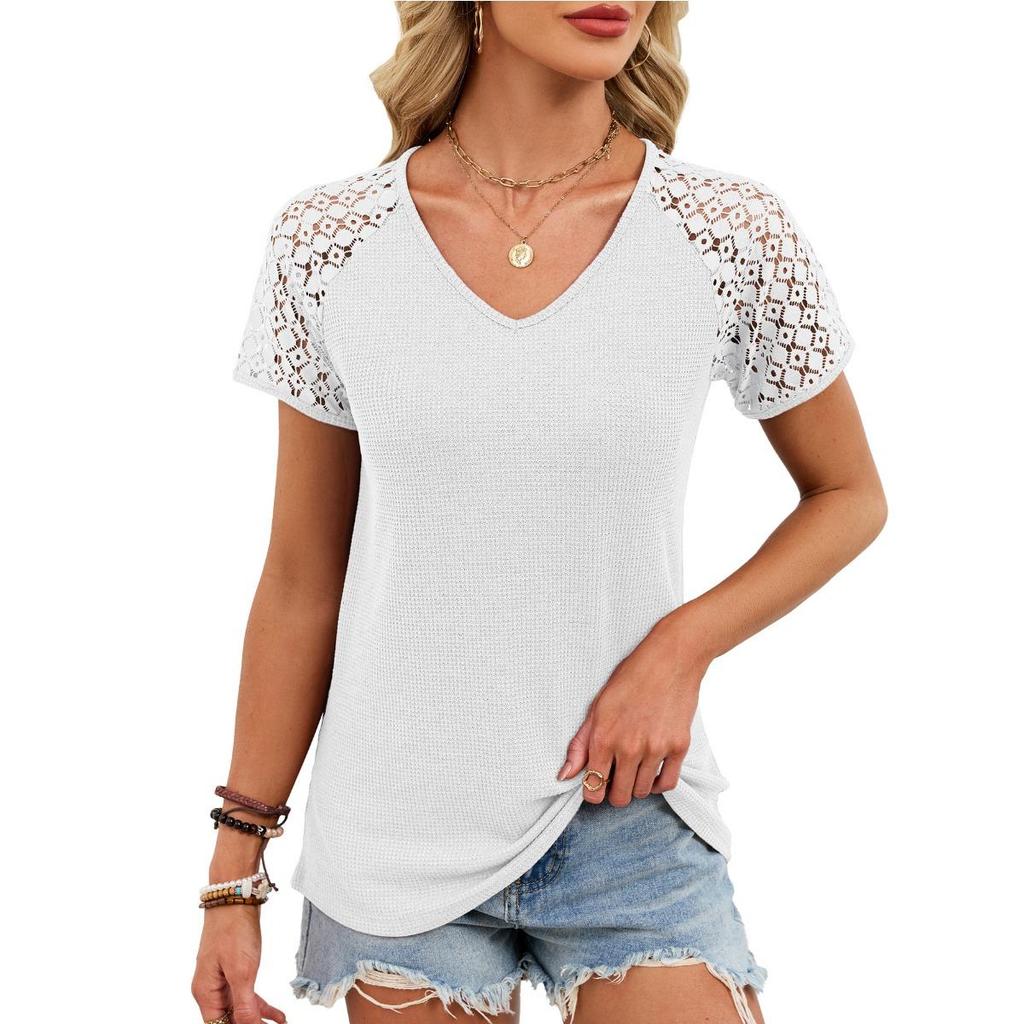 New Summer Spring Women's Loose Short Sleeve V-neck Lace Top Solid Color T-shirt Leisure Trade America Europe