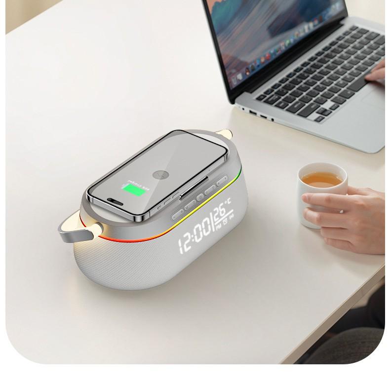 Multifunction Wireless Bluetooth Speaker with Charging, Desktop Clock, Alarm, Subwoofer, Night Light, and Stand