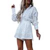 Summer Solid Color Casual  2Pcs/Set Women Outfit Blouse Long Sleeve Single Breasted High Waist Embroidery Hollow Lace Shirt Wide Leg Women Shorts Set