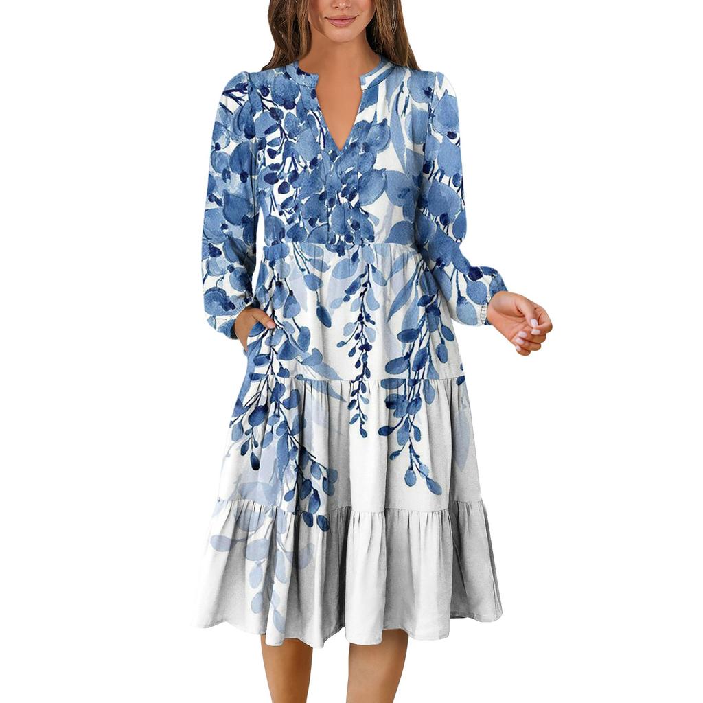 Women's V-Neck Flowing Layered Bohemian Long Sleeve Floral Print Dress