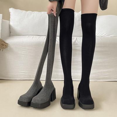 Height-increasing Boots Women's Fashion Versatile Temperament Simple Autumn and Winter New Knee Boots Elastic Thin Boots Suede