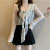 Summer New Lace Ruffled Long Sleeve Shrug for Women V Neck Tie Front Sheer Cropped Cardigan Casual Fashion Top