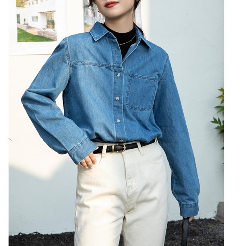 

Весна Осень Женская джинсовая рубашка куртка новая с длинным рукавом ретро женские рубашки для поездок на работу мода элегантный лацкан свободная простая повседневная блузка одежда 2596 XL синий