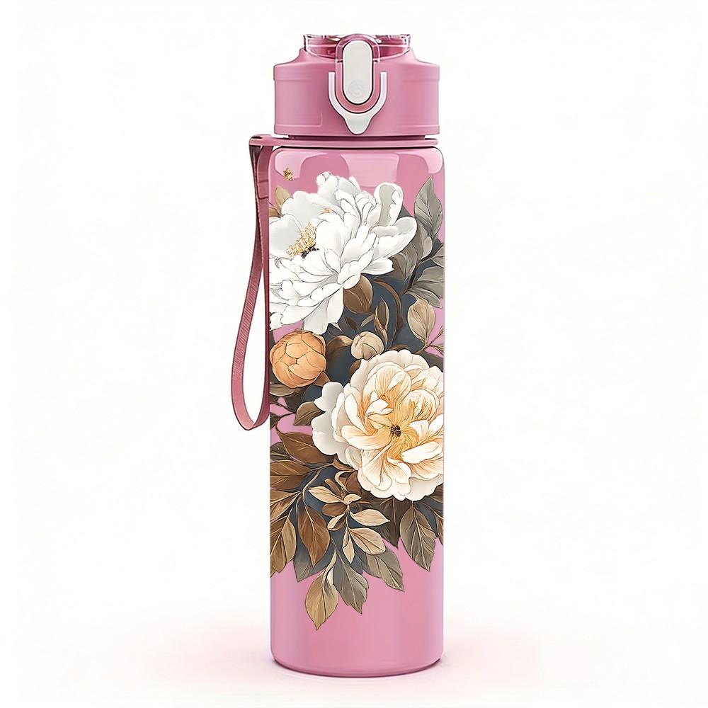 1PC Peony Rose Dried Bouquet Art Print 750ml Color Plastic Sports Water Bottle Leakproof Flip Straw Lid Suitable for Sports Office Home Use