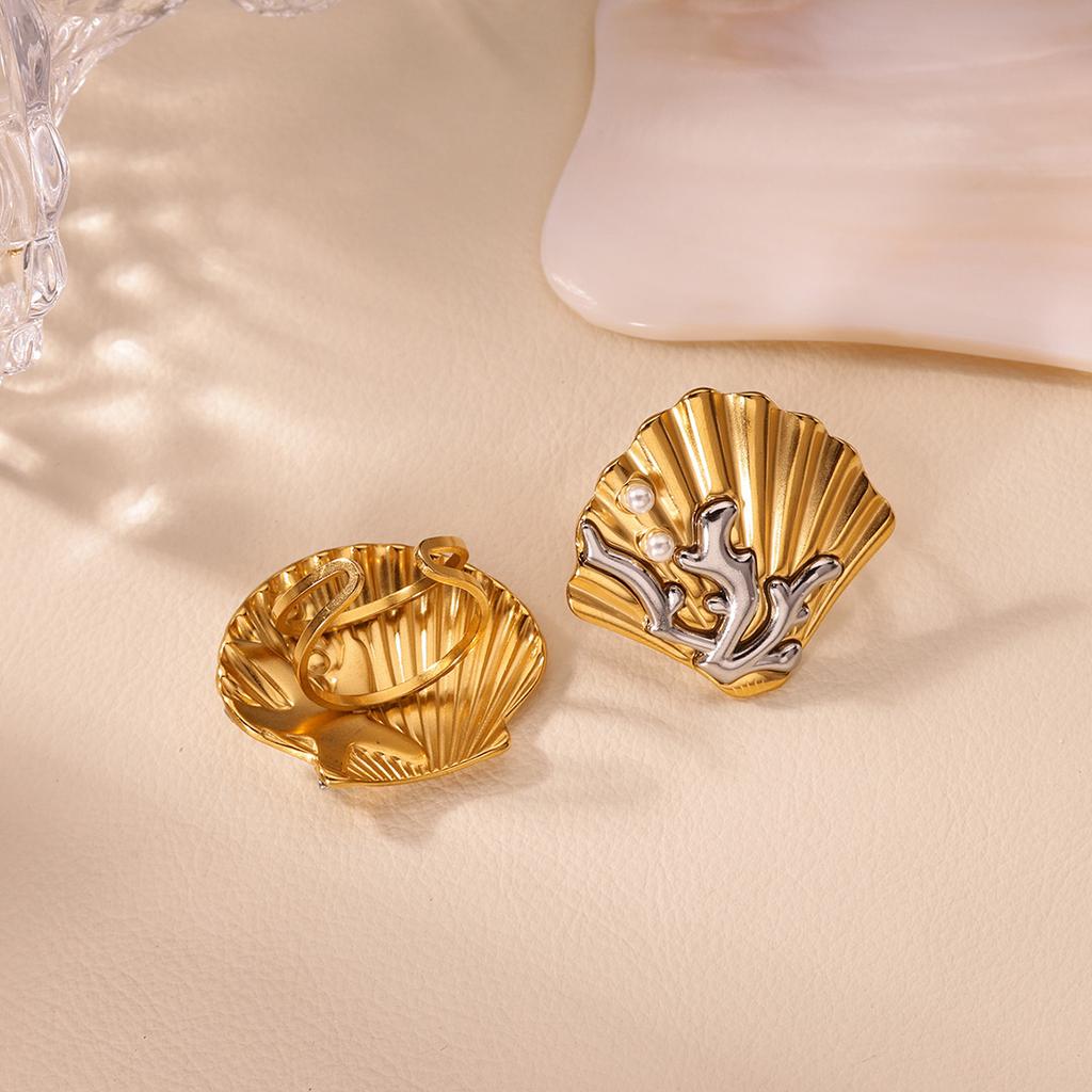 Starfish Shell Stainless Steel Ring for Women 18K Gold-plated Anti Fading Adjustable Rings Wedding Jewelry Christmas Accessories