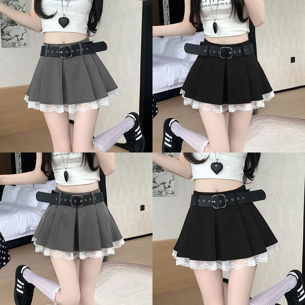 Classic High Waist Pleated Skirt With Lace Patchwork For Summer Fashion