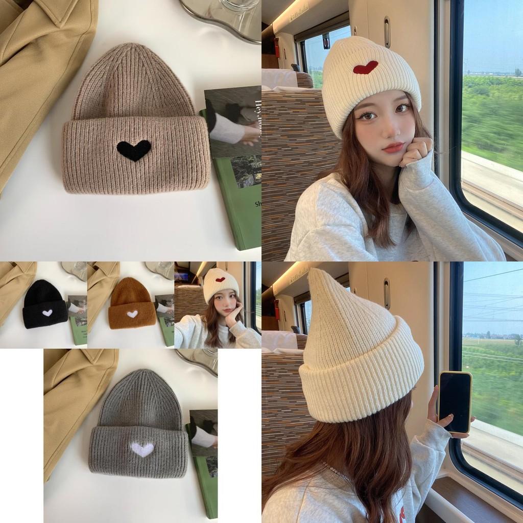 Cute Embroidered Heart Knit Beanie For Women Cozy Warm Cotton Hat For Winter