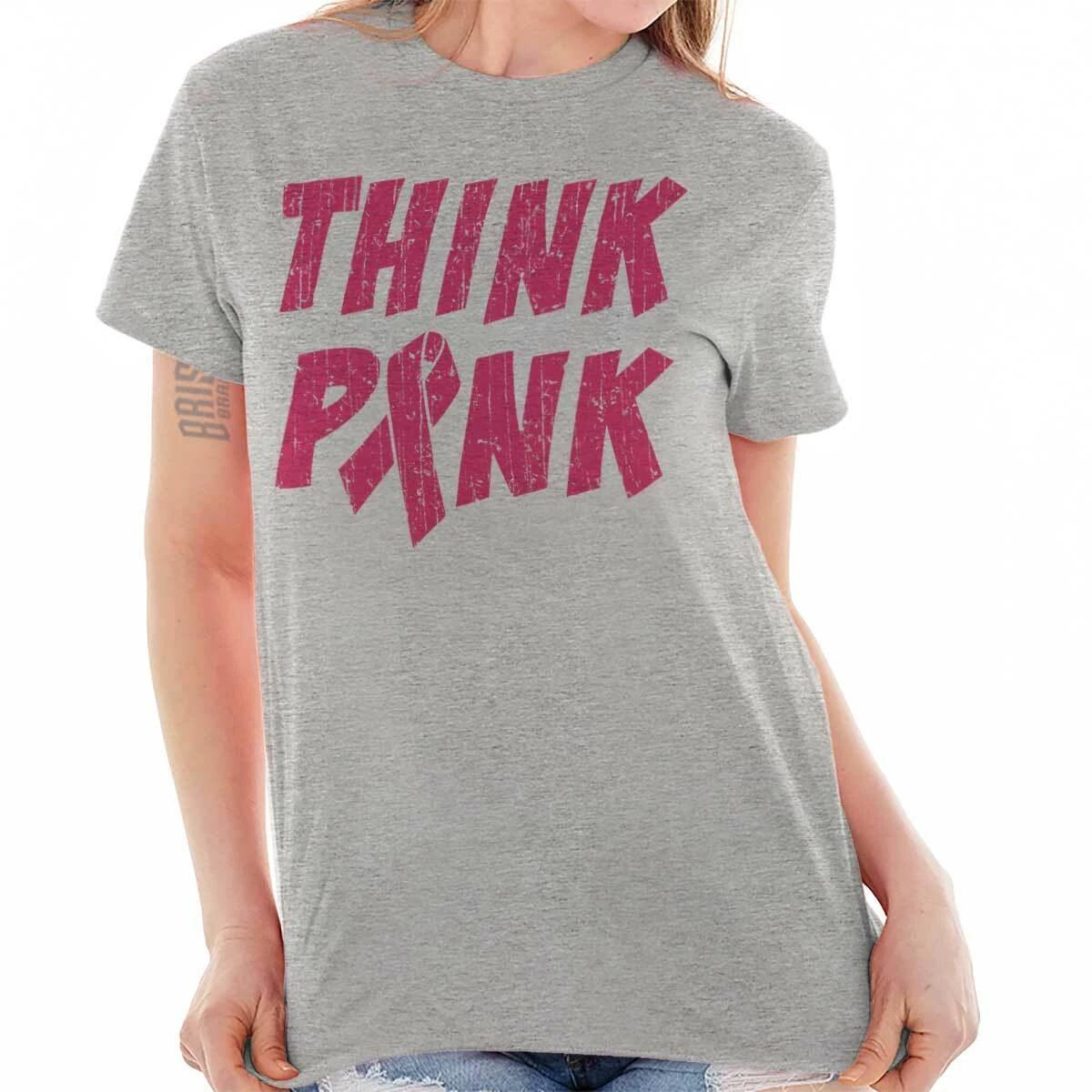 Breast Cancer Awareness Think Pink Ribbon Womens Graphic Crewneck T Shirt Tee XS