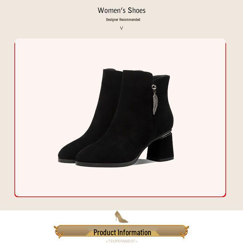 2025 Women's Suede Ankle Boots: Spring & Autumn Mid-Chunky Heel, Slimming Round Toe Design