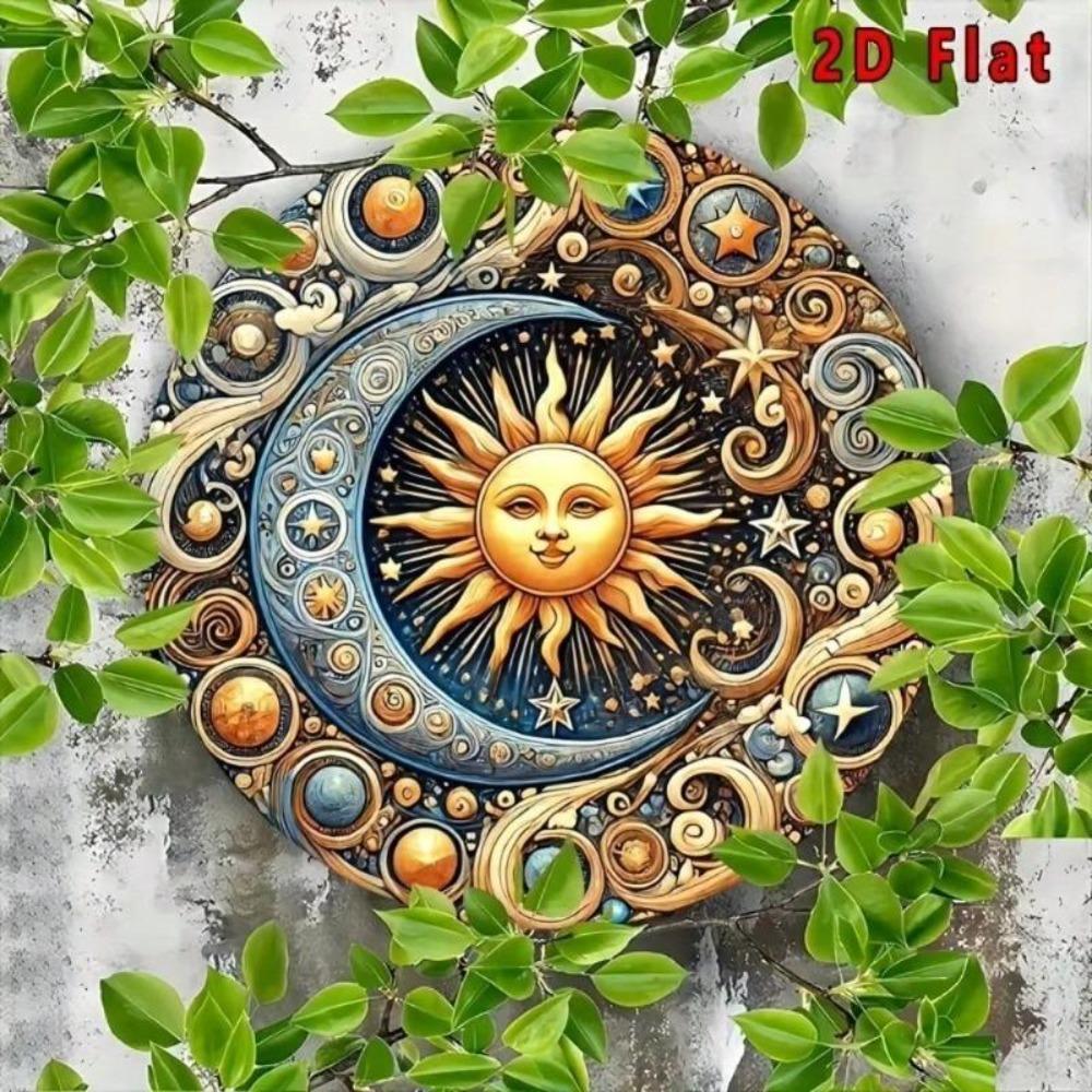 Sun Moon 2D Flat Wall Art 8x8 Inches Round Aluminum Metal Decor