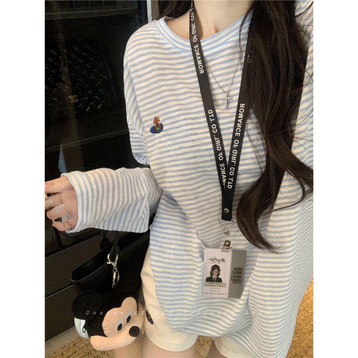 

Women s Striped Long-Sleeve Summer T-Shirt - Classic, Versatile Sun Protection Top Medium синий