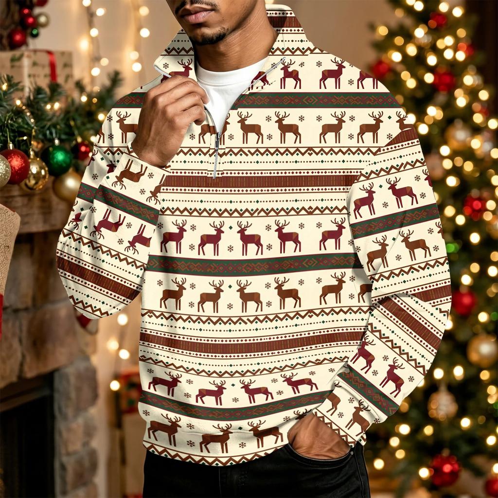 Herren Casual Sweatshirt mit Stehkragen und Weihnachtsdruck für die Feiertage