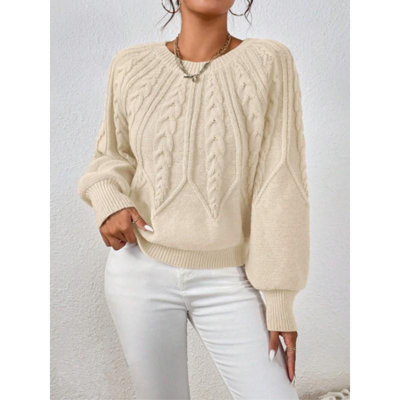Womens Crew Neck Long Sleeve Knit Sweater Loose Fit Cable Solid Color Casual Winter Basic Top