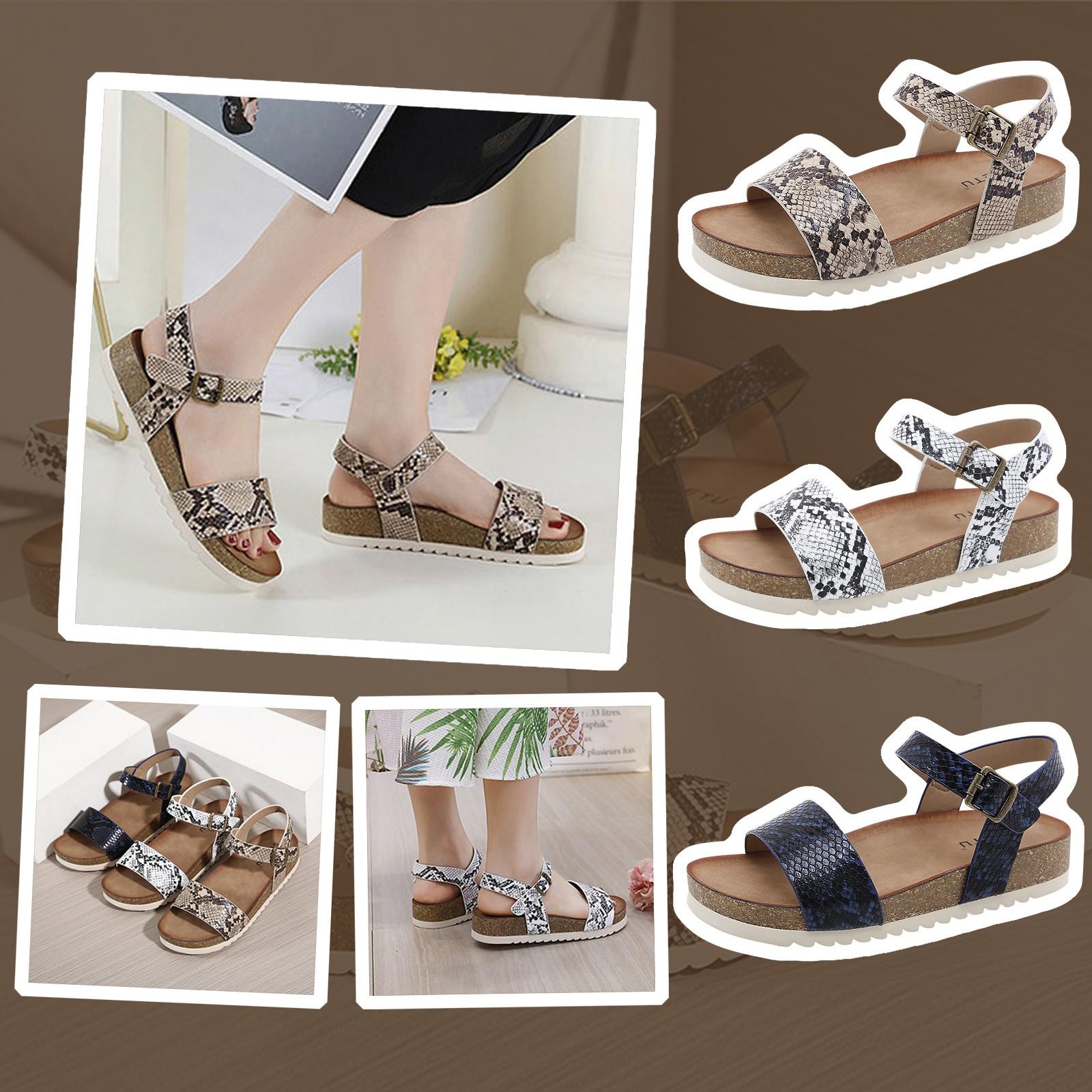 

Женские удобные нескользящие сандалии на деревянной подошве с металлической пряжкой и змеиным принтом