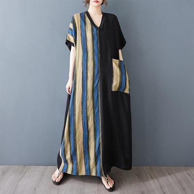 Real Shot Summer Thin Cotton and Linen Printing Thin V-neck Short Sleeve Contrasting Color Splicing Black Long Dress Length